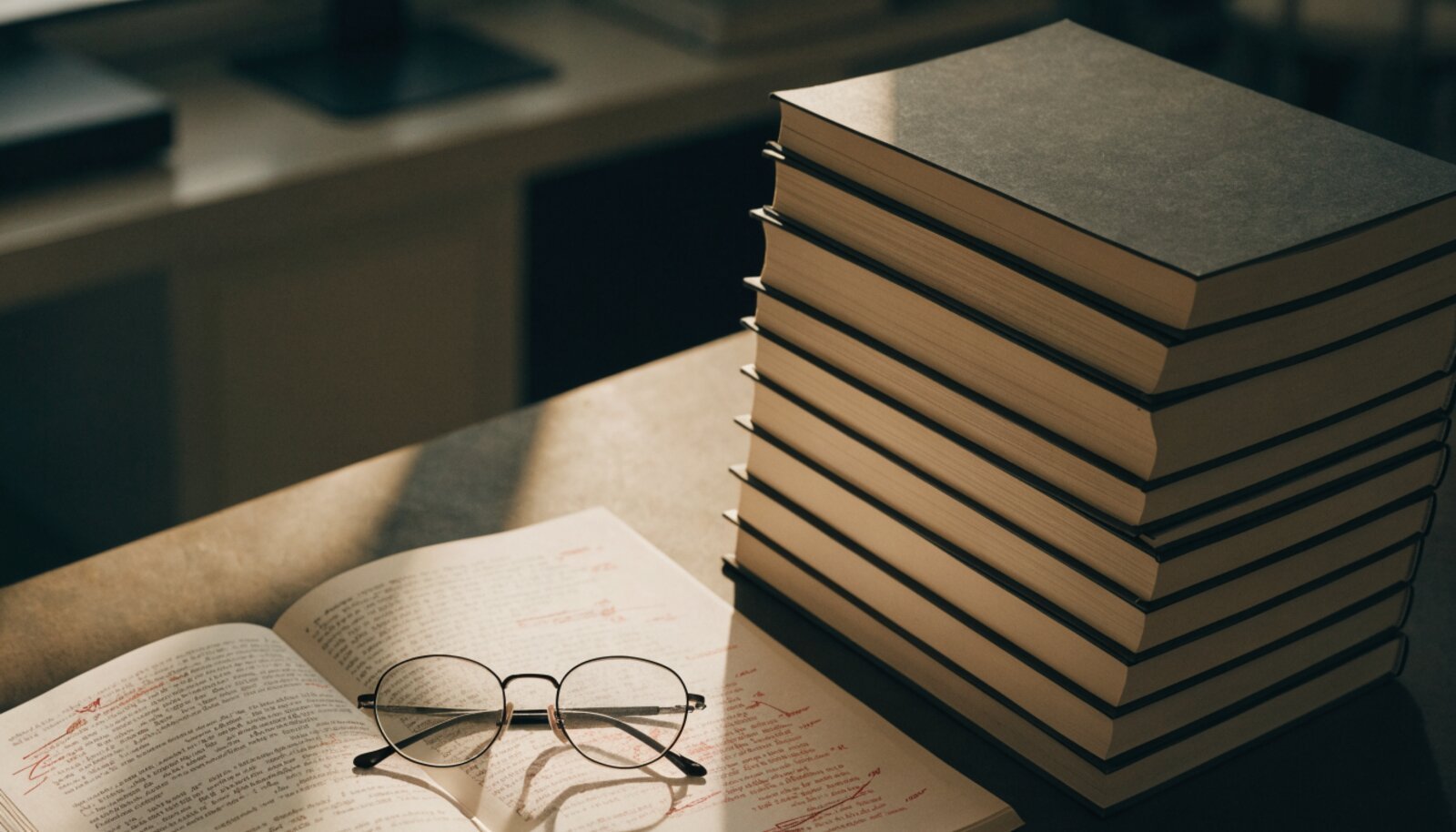 A manuscript being edited alongside a stack of finished books